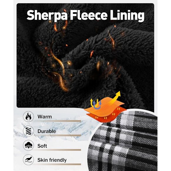 Men's Hooded White Black Sherpa Line Plaid Flannel Jacket Warm Winter Coat. - Picture 4 of 6